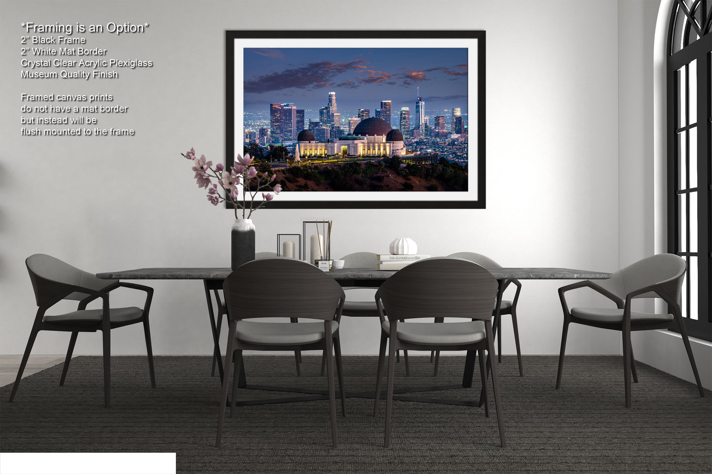 a dining room with a picture of a city skyline