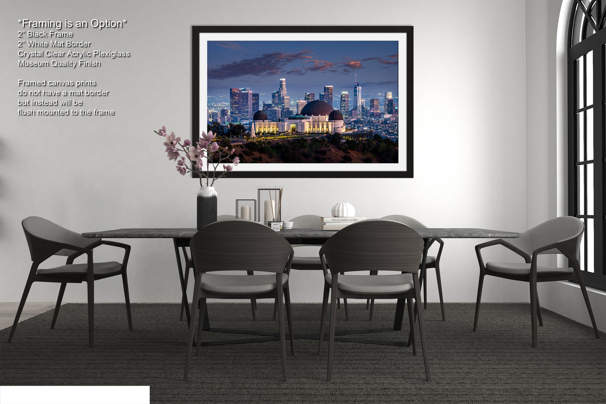 a dining room with a picture of a city skyline