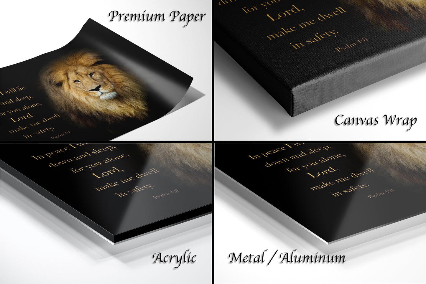 four different images of a lion's face on a book