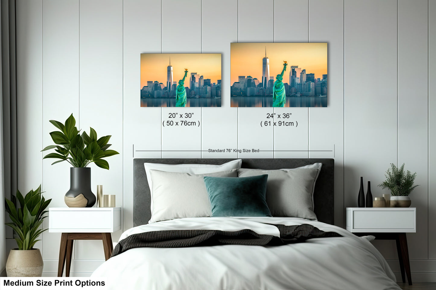 a bedroom with a bed and two pictures on the wall