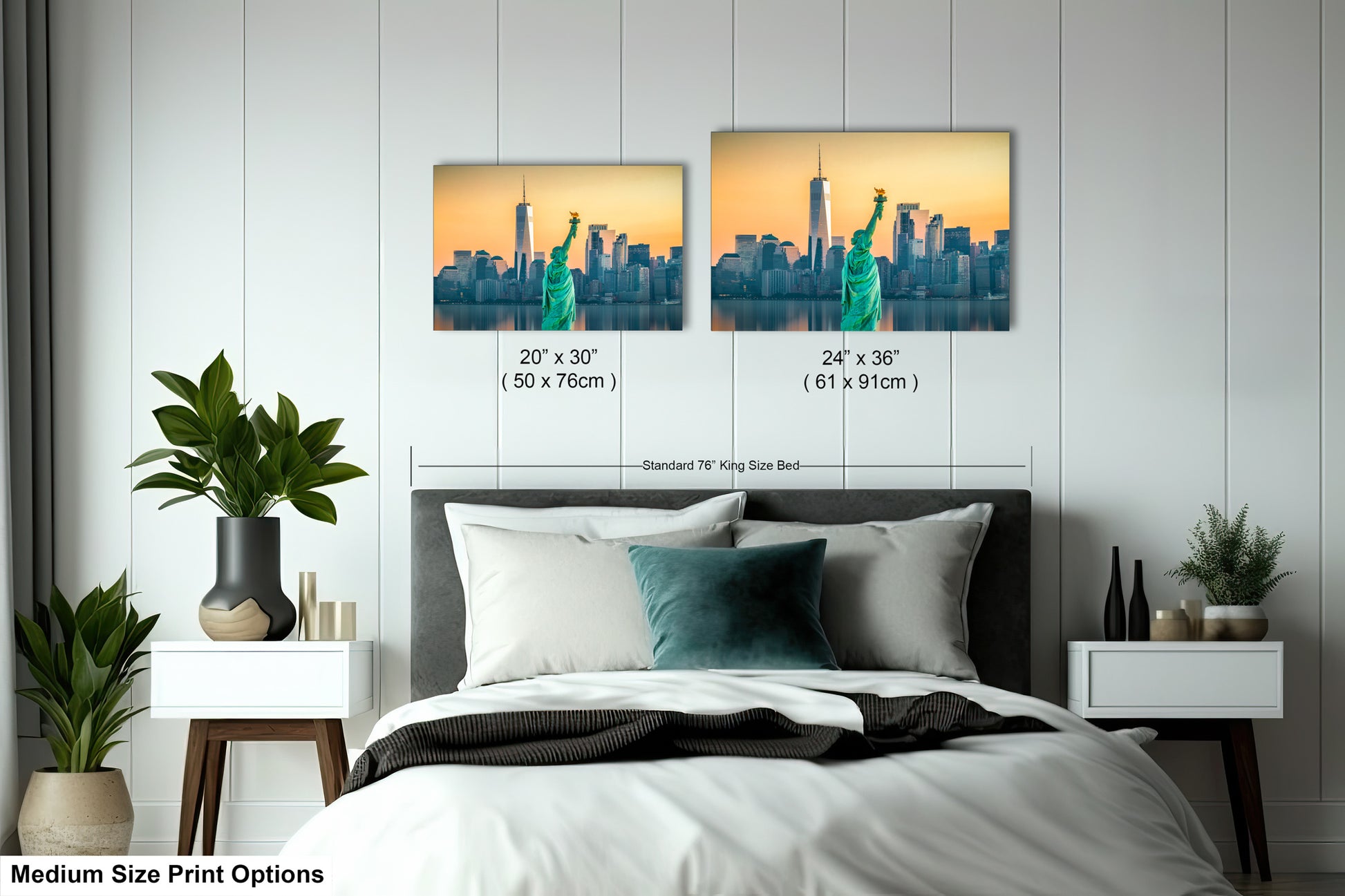 a bedroom with a bed and two pictures on the wall
