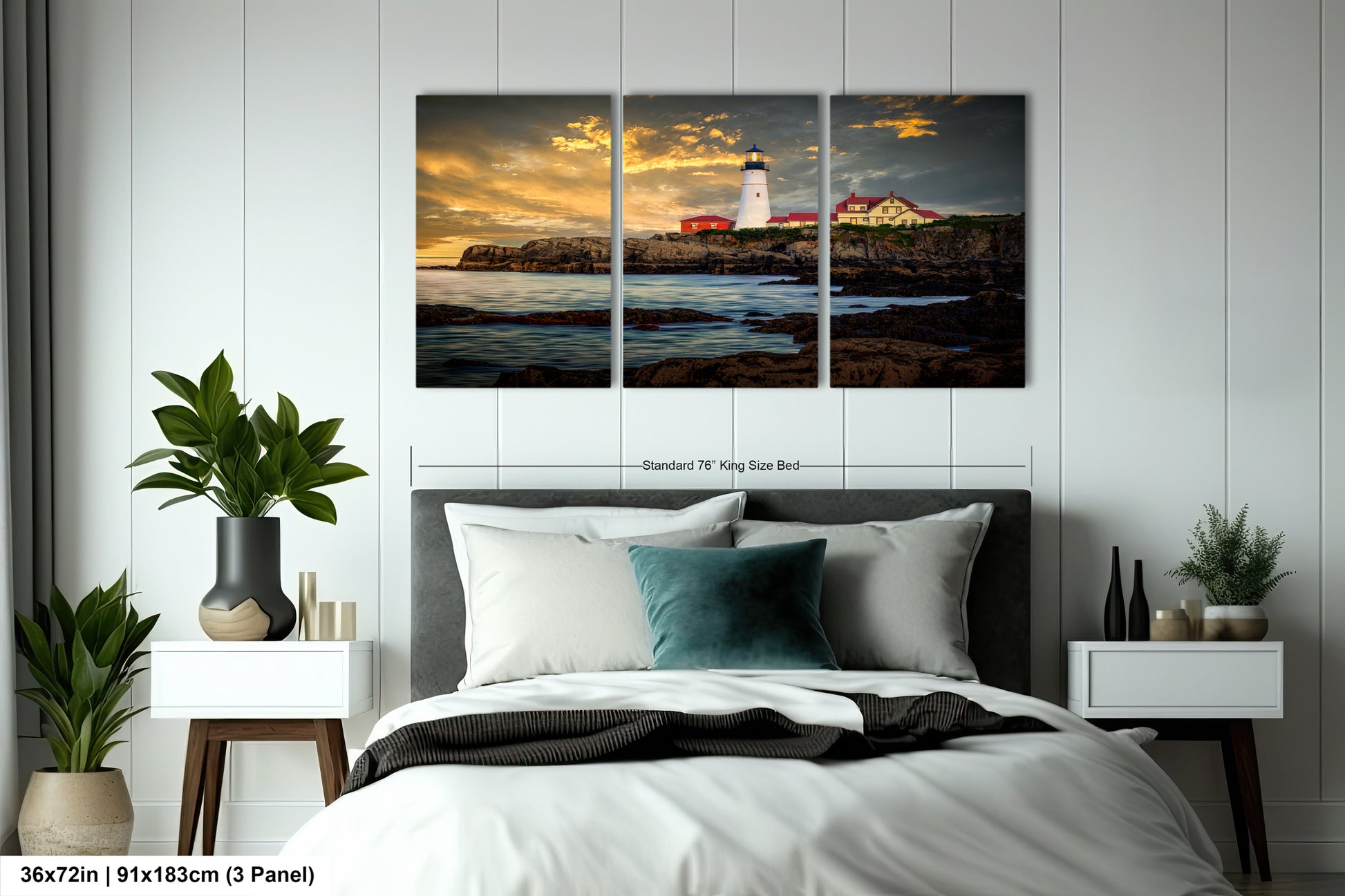 a bedroom scene with focus on the bed and the lighthouse