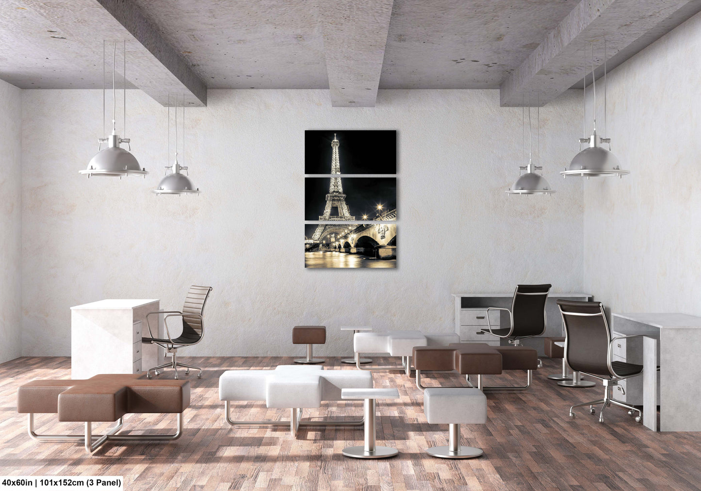 a room with a desk, chairs, and a picture of the eiffel