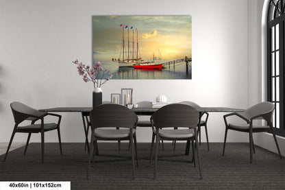 a dining room table with chairs and a painting on the wall
