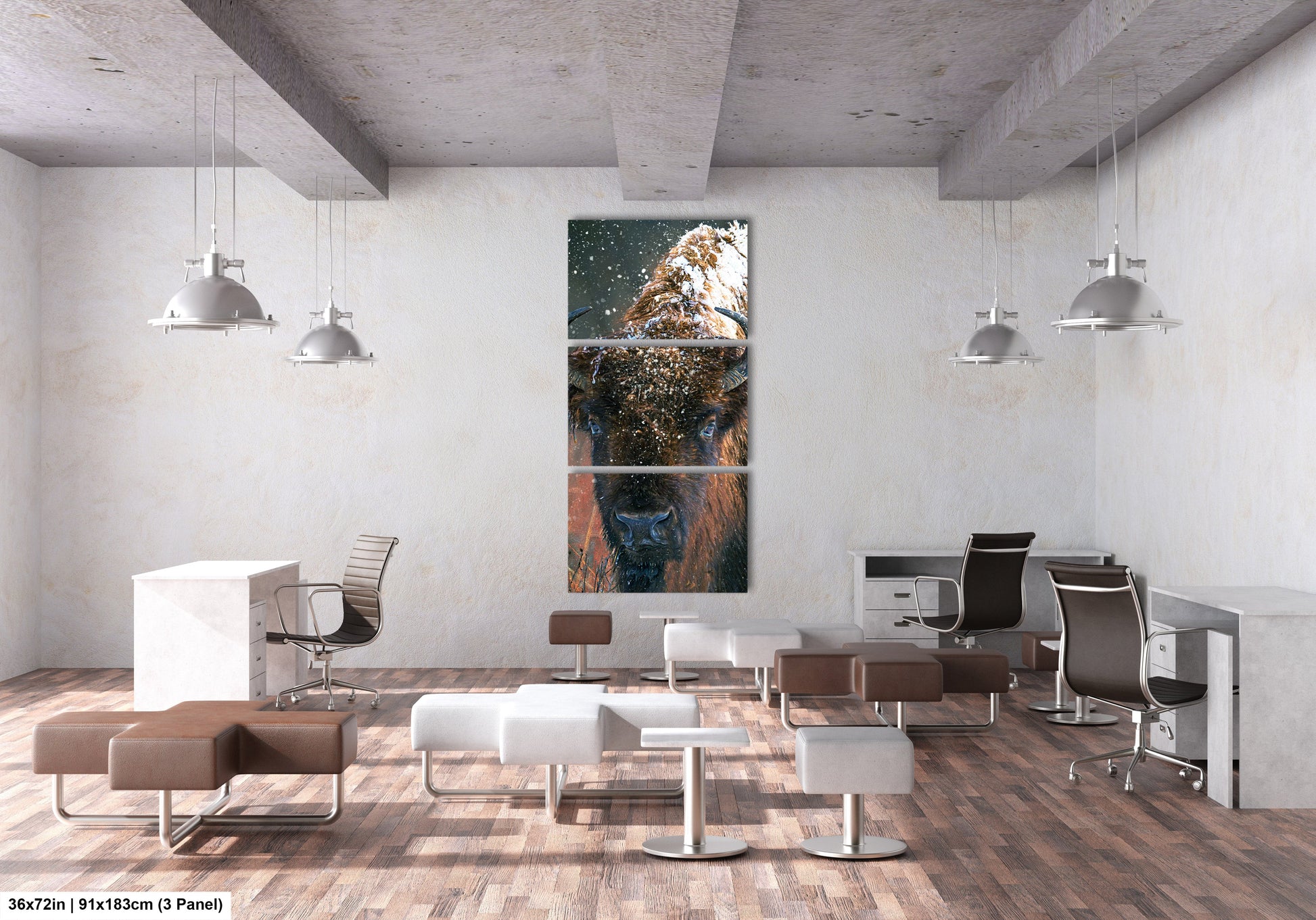 a room filled with lots of chairs and a painting on the wall