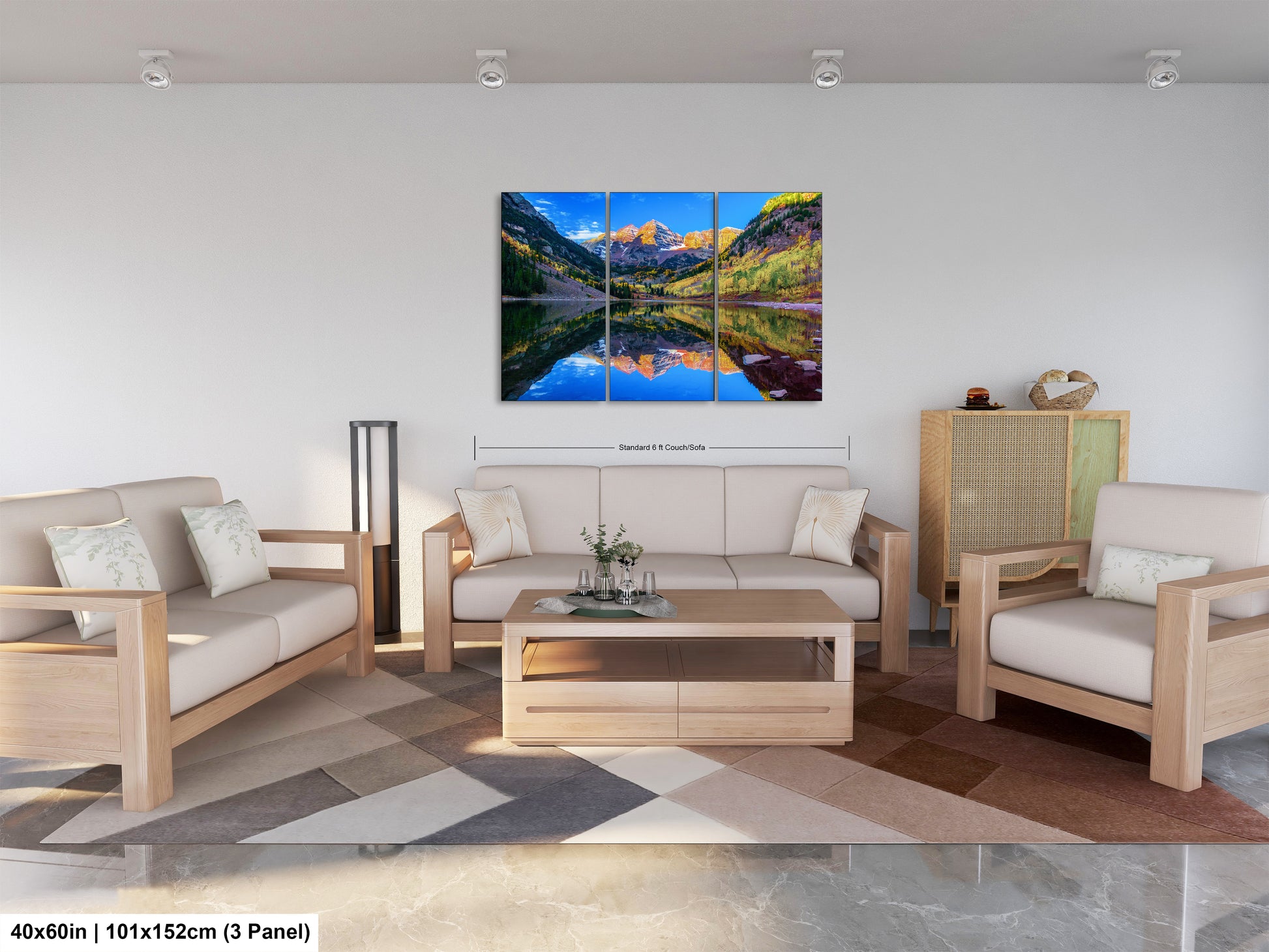 a living room filled with furniture and a painting on the wall