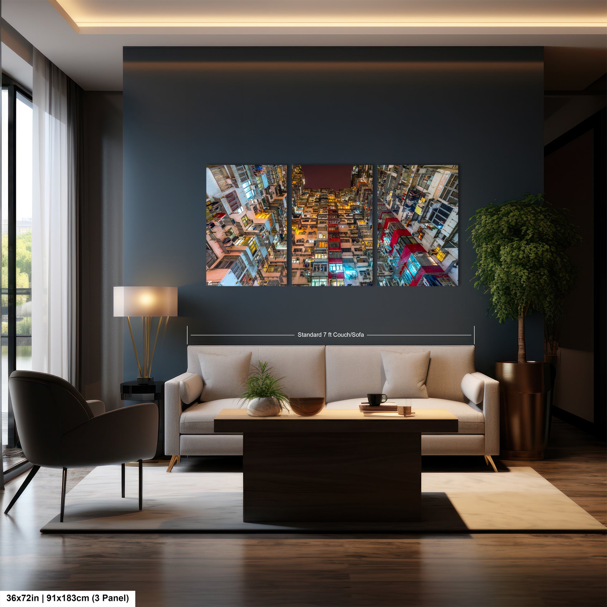 a living room with a couch and a table