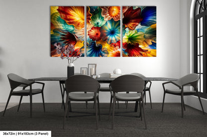 a modern dining room with a large, colorful abstract painting hanging on the wall above a black table surrounded by six chairs.