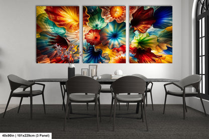 a modern dining room with a large, colorful abstract painting hanging on the wall above a black table surrounded by gray chairs.