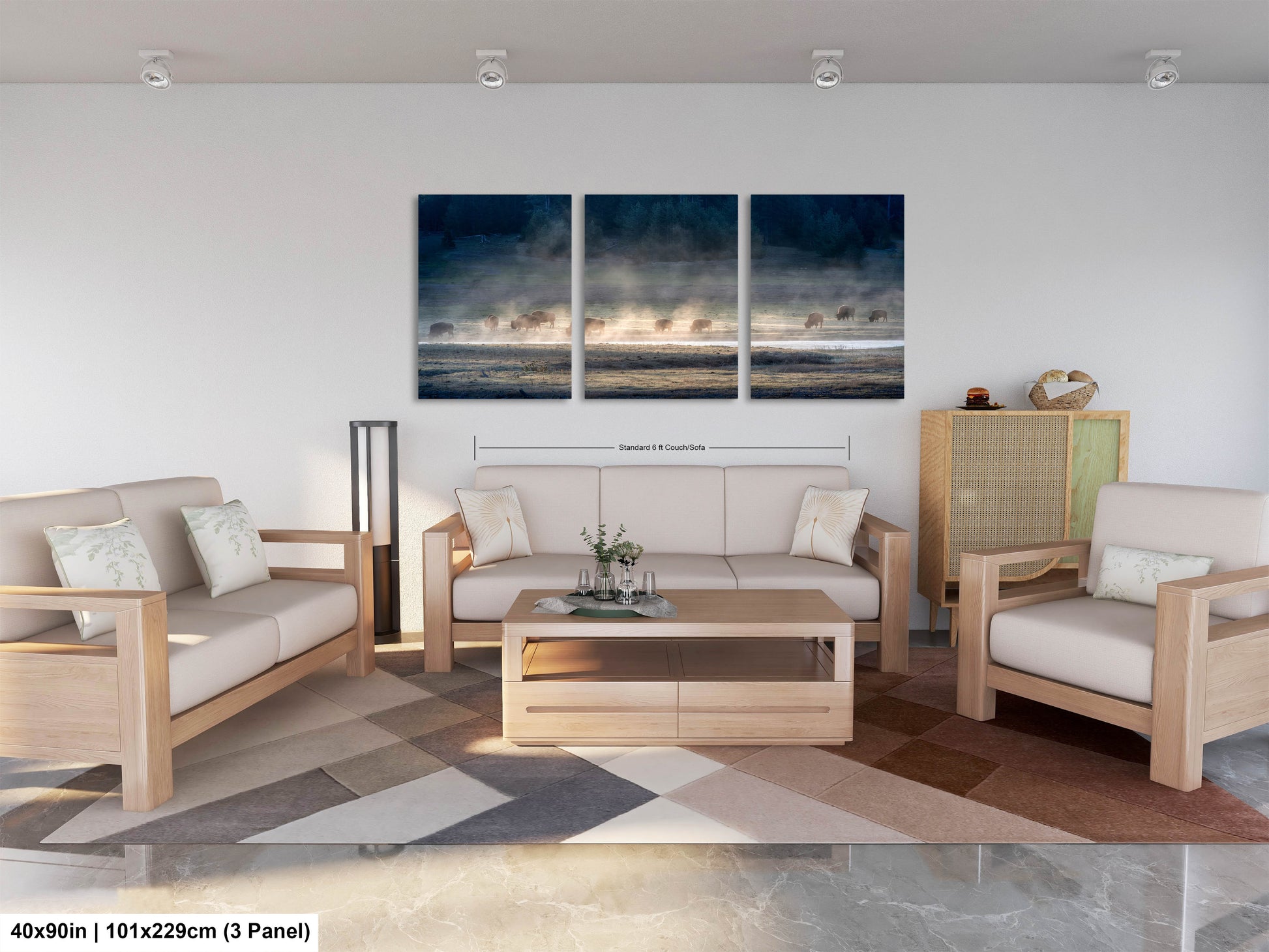 a living room filled with furniture and a painting on the wall