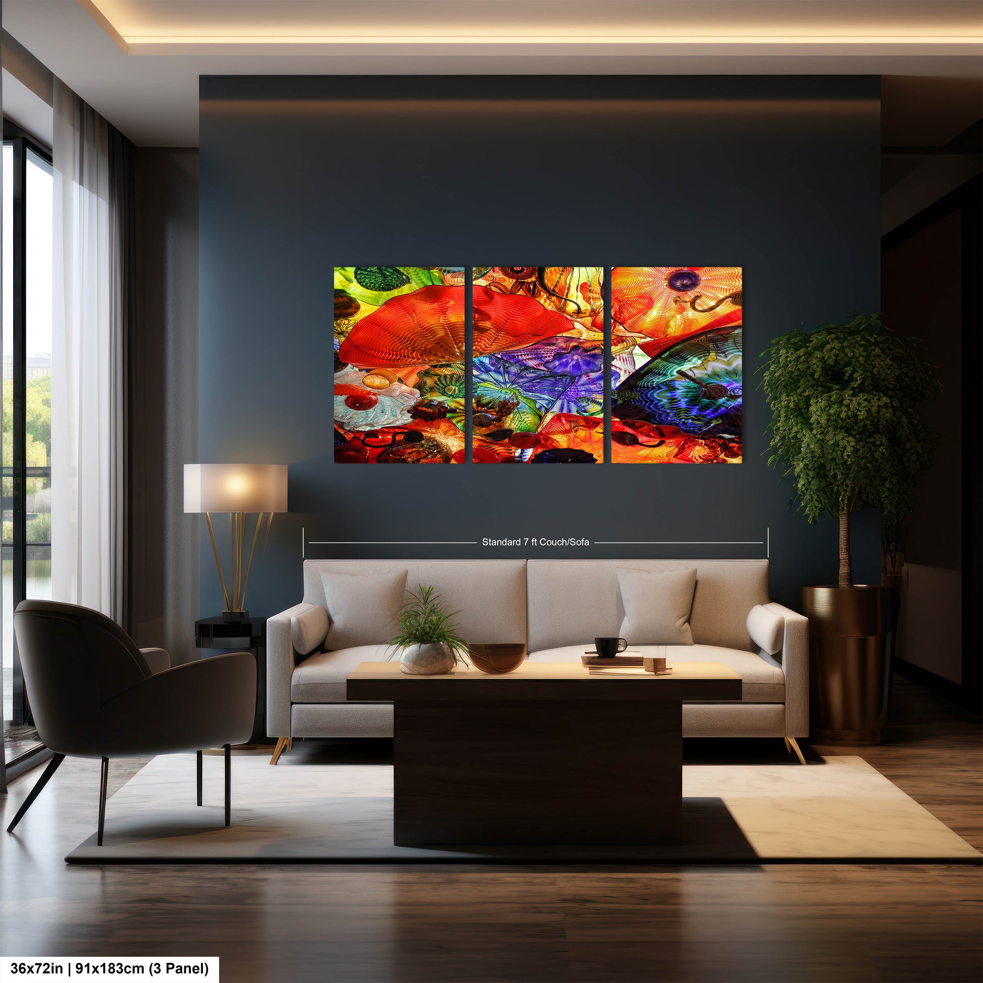 a living room filled with furniture and a painting on the wall