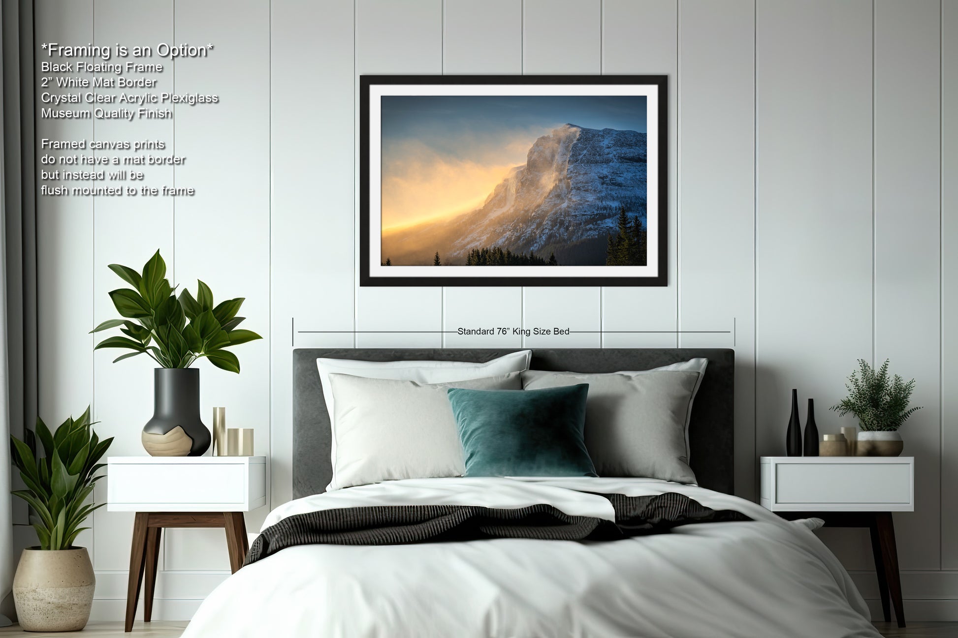 a bedroom with a bed and a picture hanging on the wall