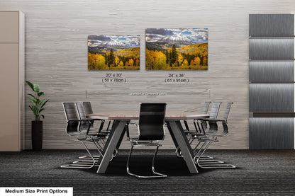a dining room table with chairs and two pictures on the wall