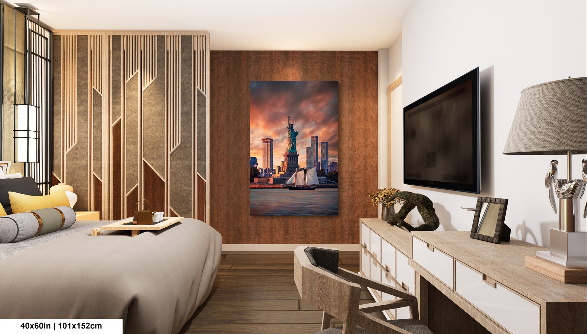 a bedroom with a large painting on the wall