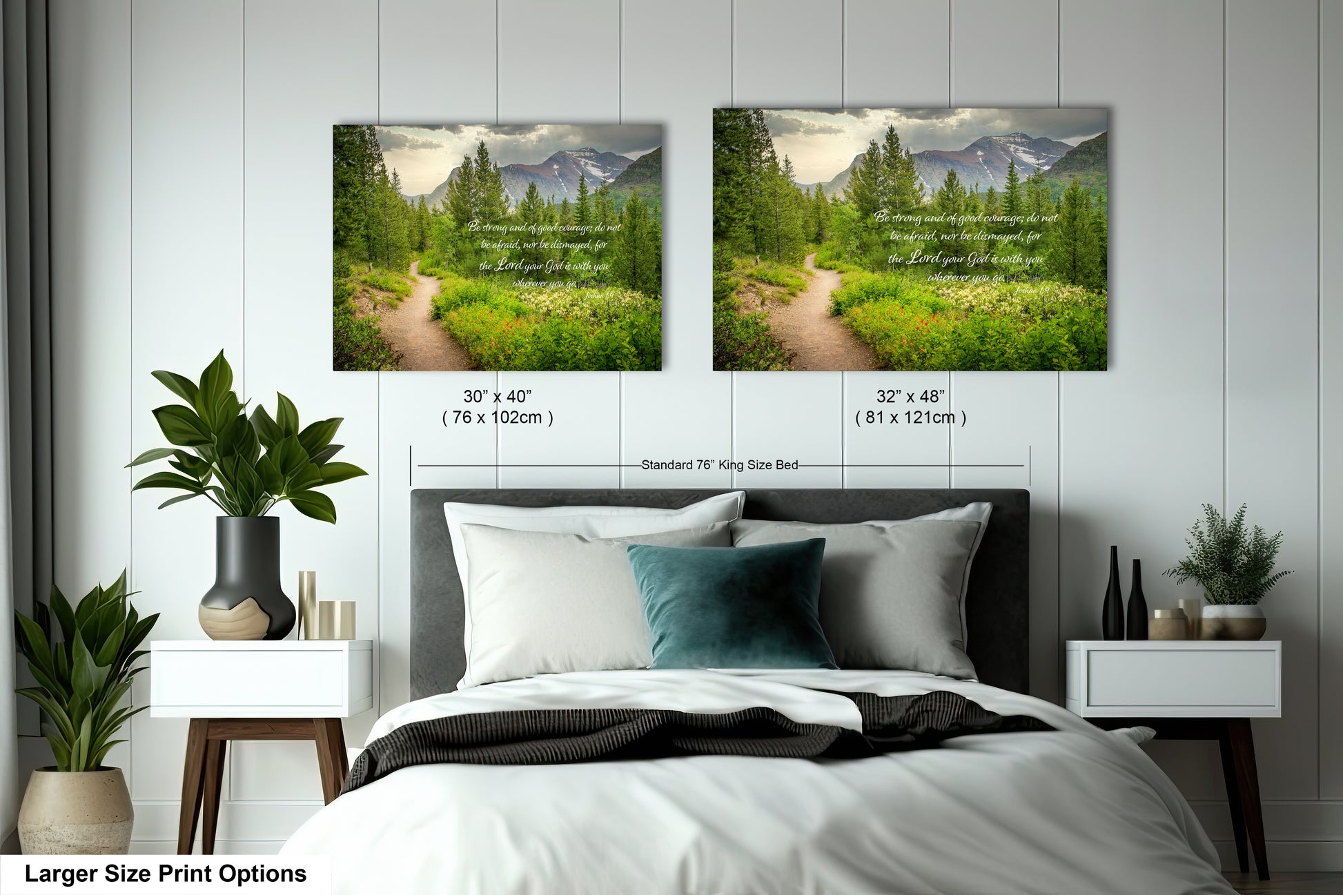 a bed room with two pictures hanging on the wall