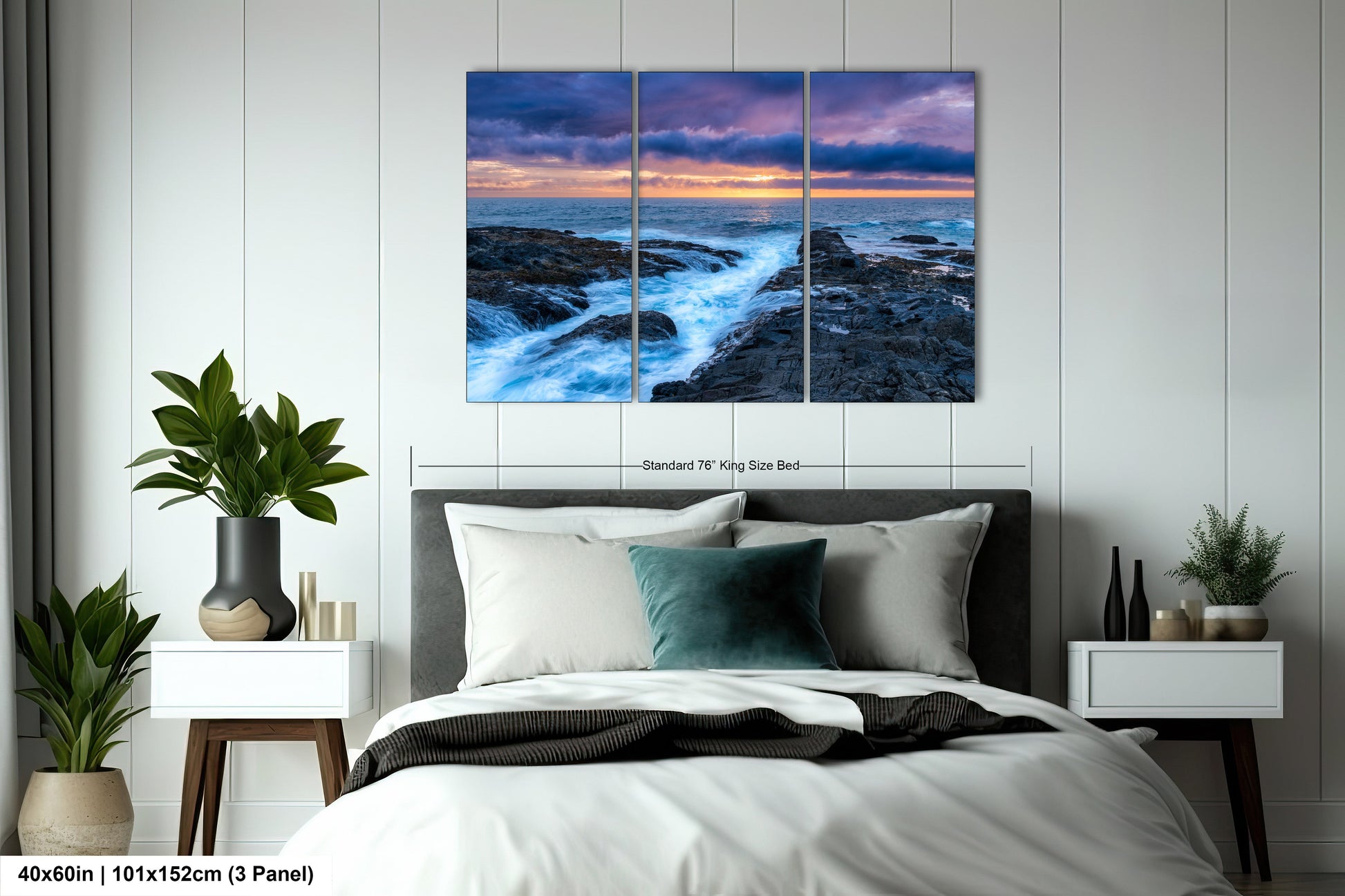 a bedroom scene with focus on the bed and the ocean