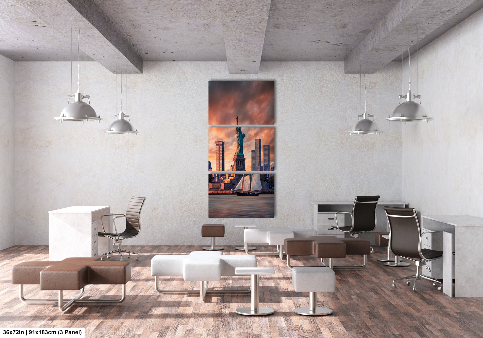 a room with a lot of chairs and a painting on the wall