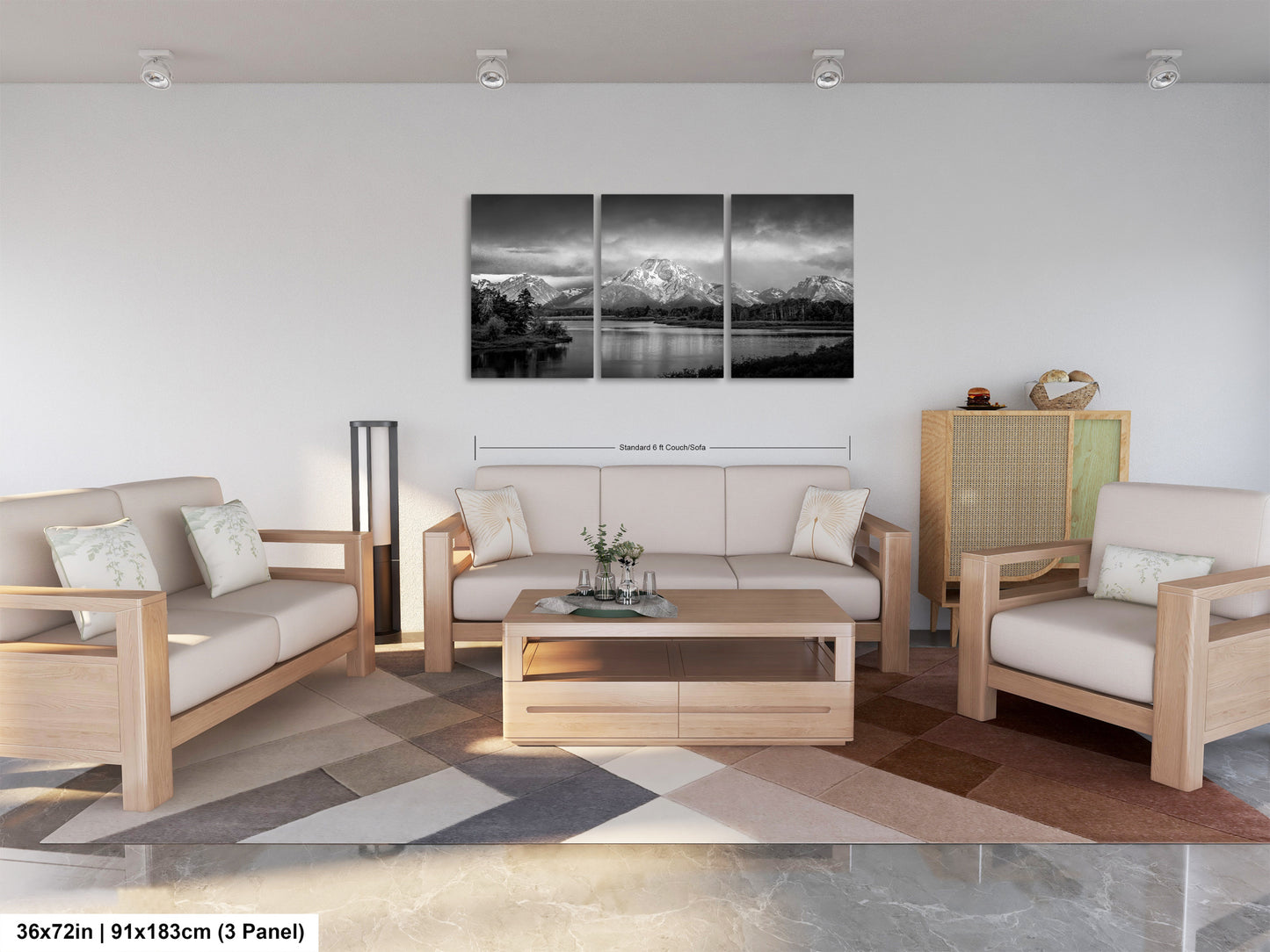 a living room filled with furniture and a painting on the wall