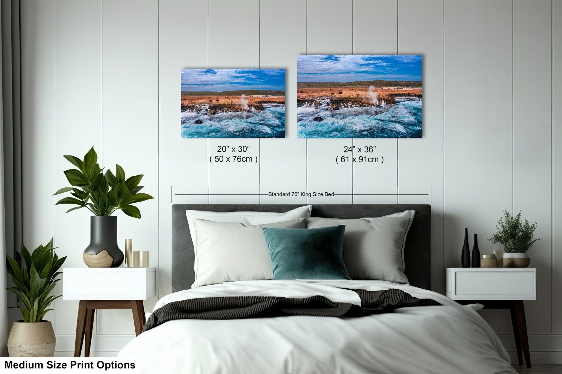 a bed room with a neatly made bed and two pictures on the wall