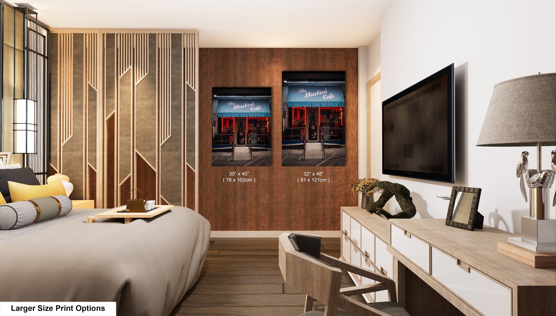 a bed room with a neatly made bed and a flat screen tv