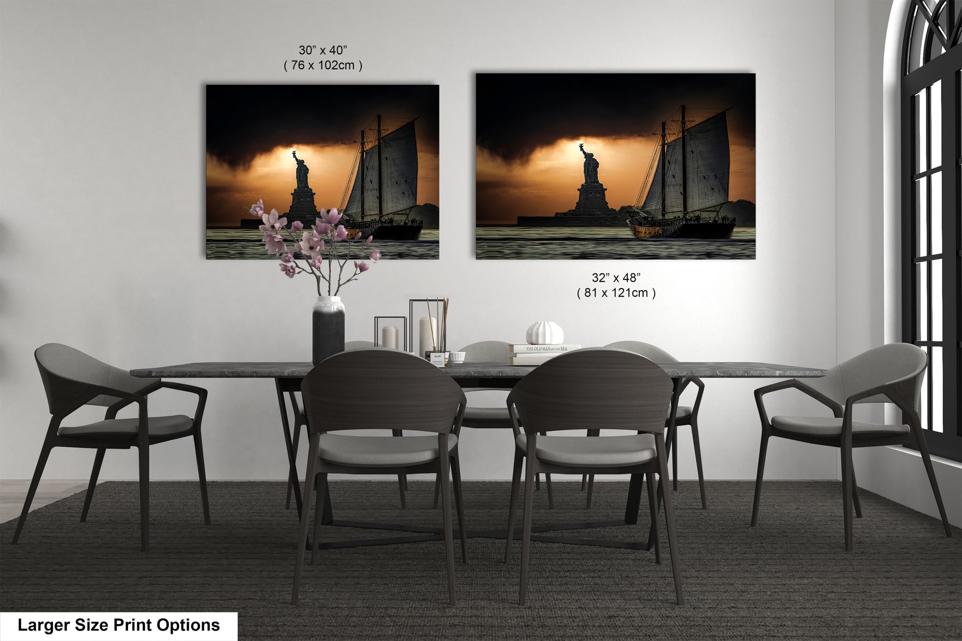 a dining room table with chairs and a vase of flowers