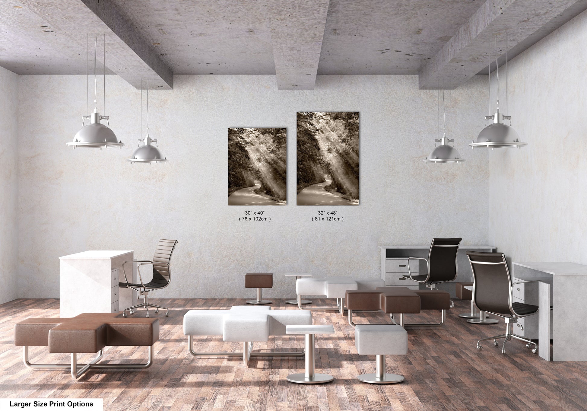 a room with two pictures hanging on the wall