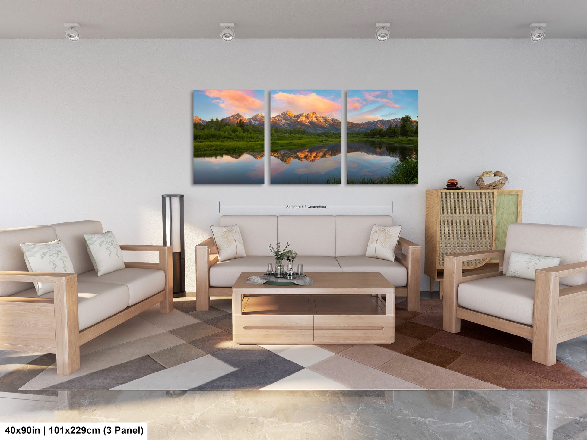 a living room filled with furniture and a painting on the wall