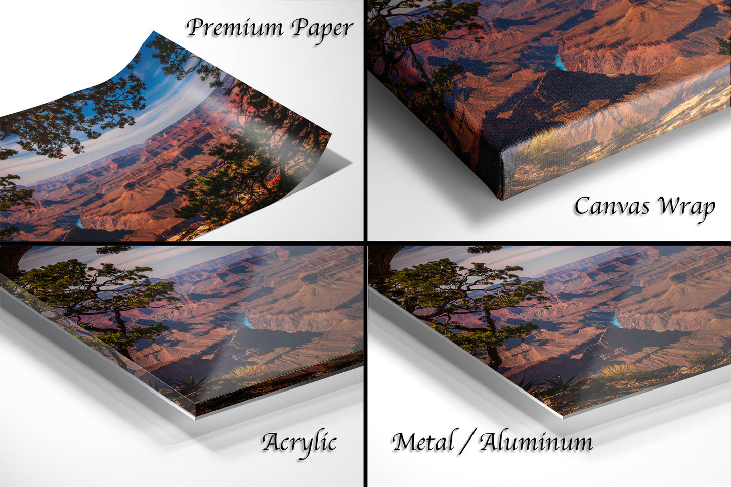 four different views of a canyon with trees