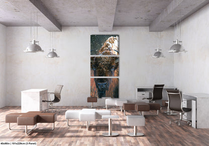 a room with a lot of chairs and a painting on the wall