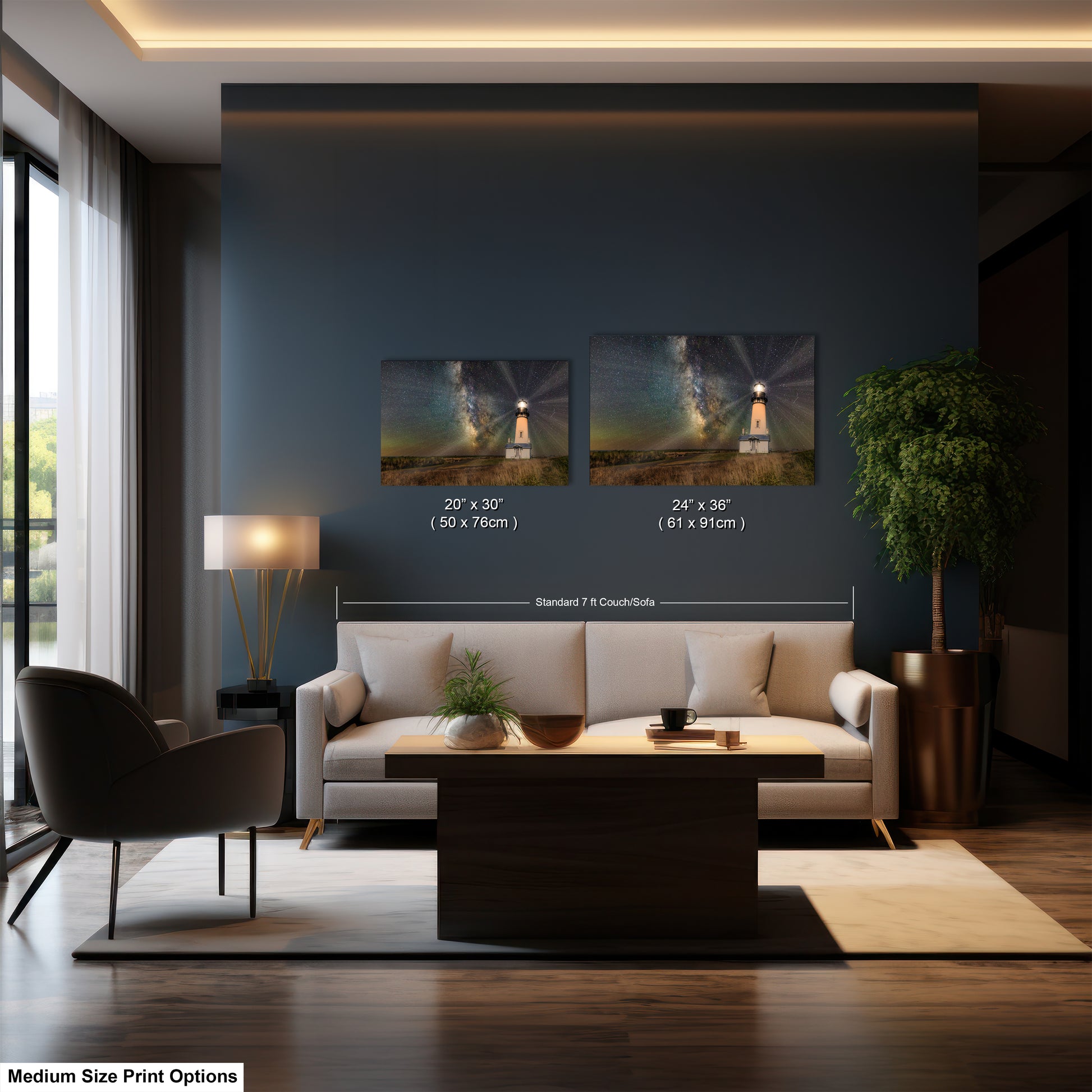 a living room with a couch, chair, table and two pictures on the wall