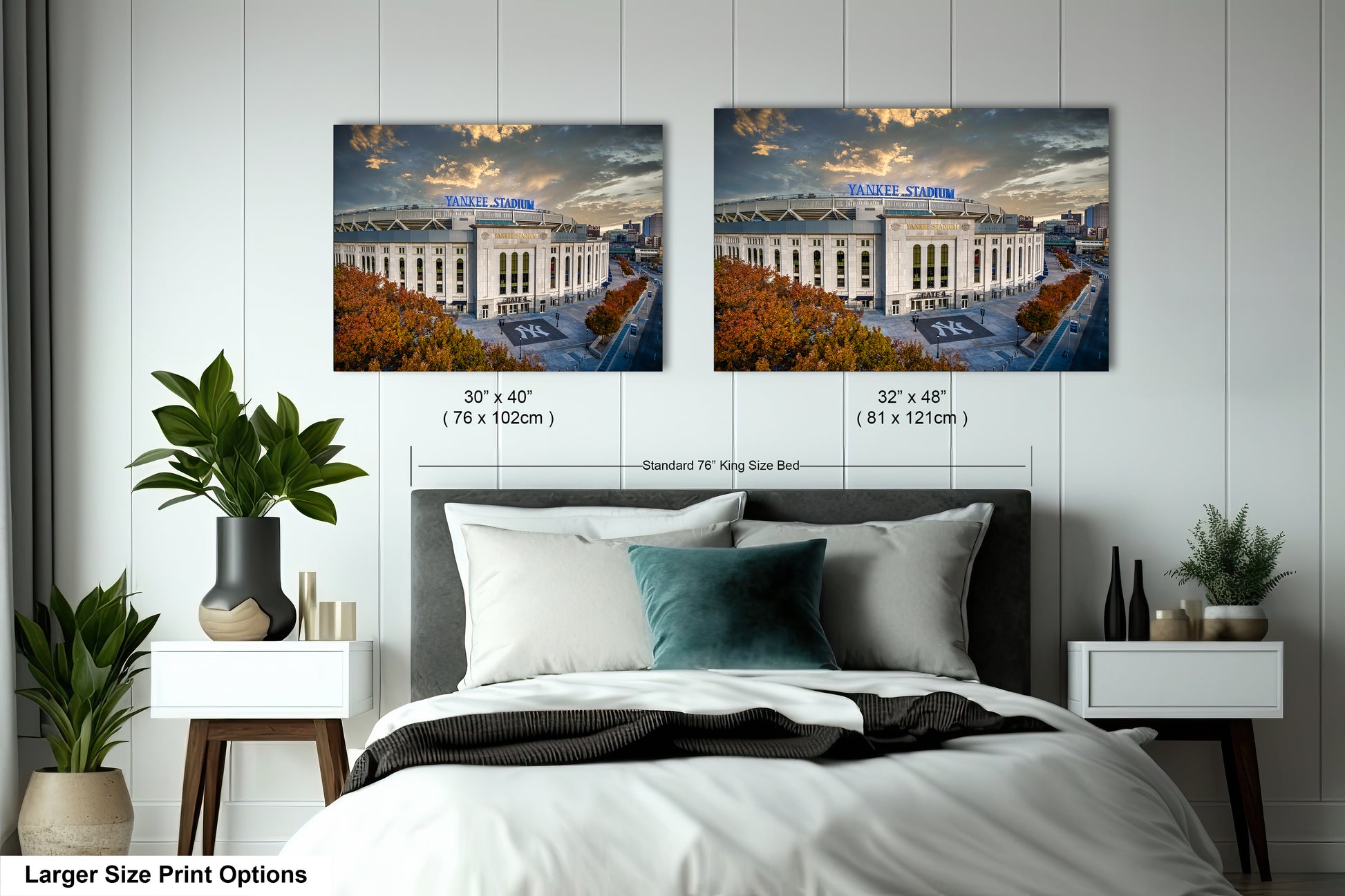 a bedroom with a bed and two pictures on the wall