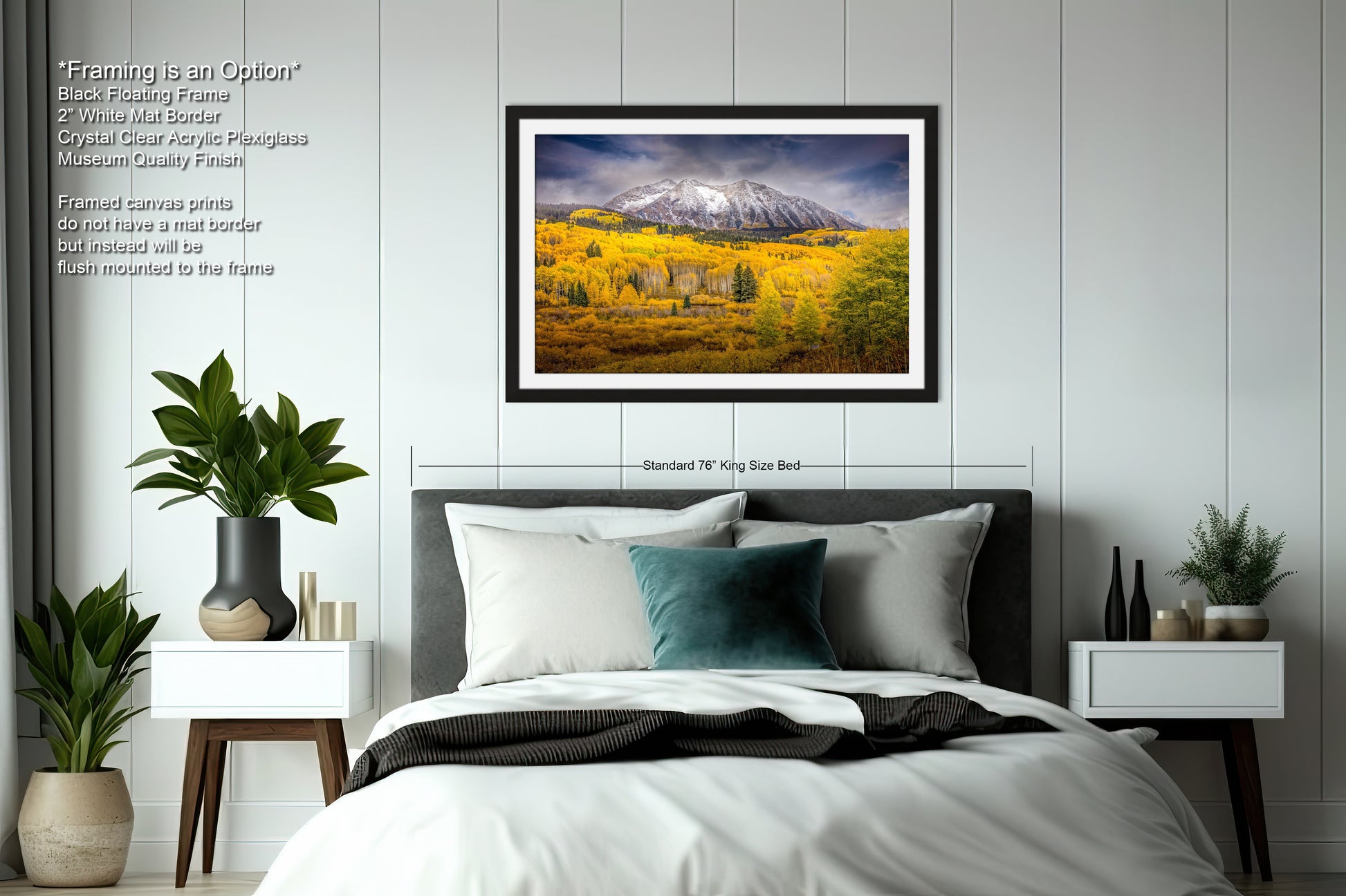 a bedroom with a bed and a picture on the wall