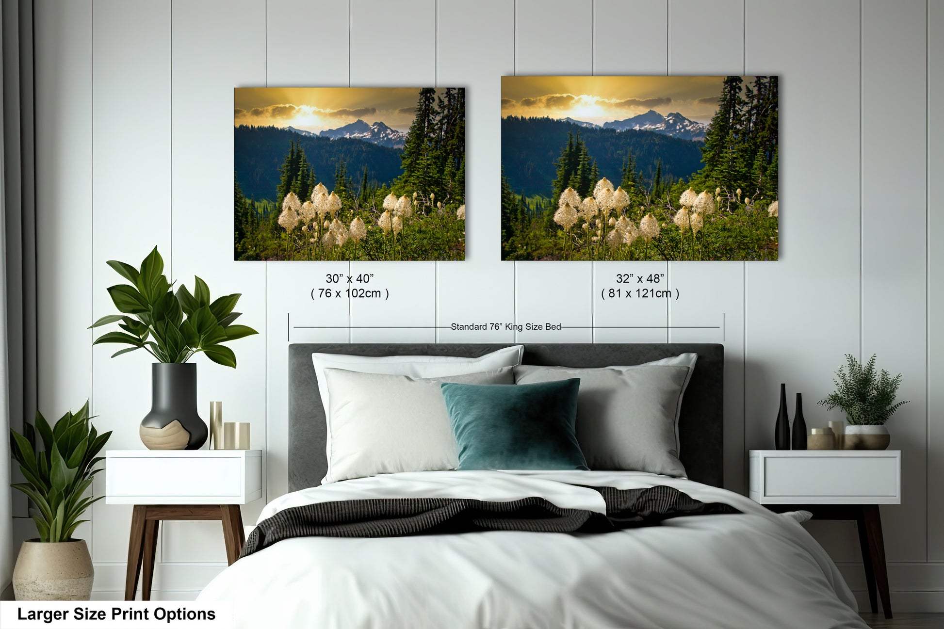 a bedroom with a bed and two pictures on the wall