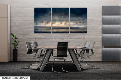 a dining room table with chairs and a painting on the wall
