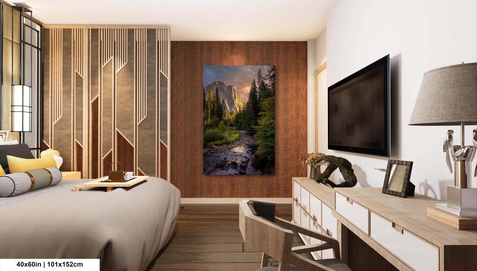 a bedroom with a bed, desk and television