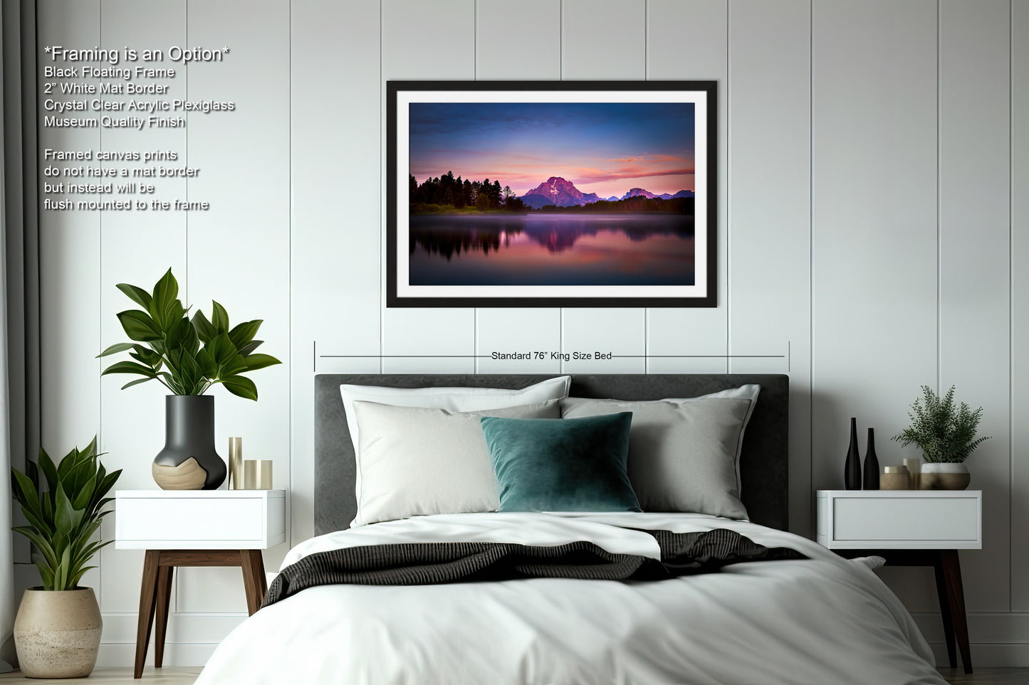 a bedroom with a large bed and a painting on the wall