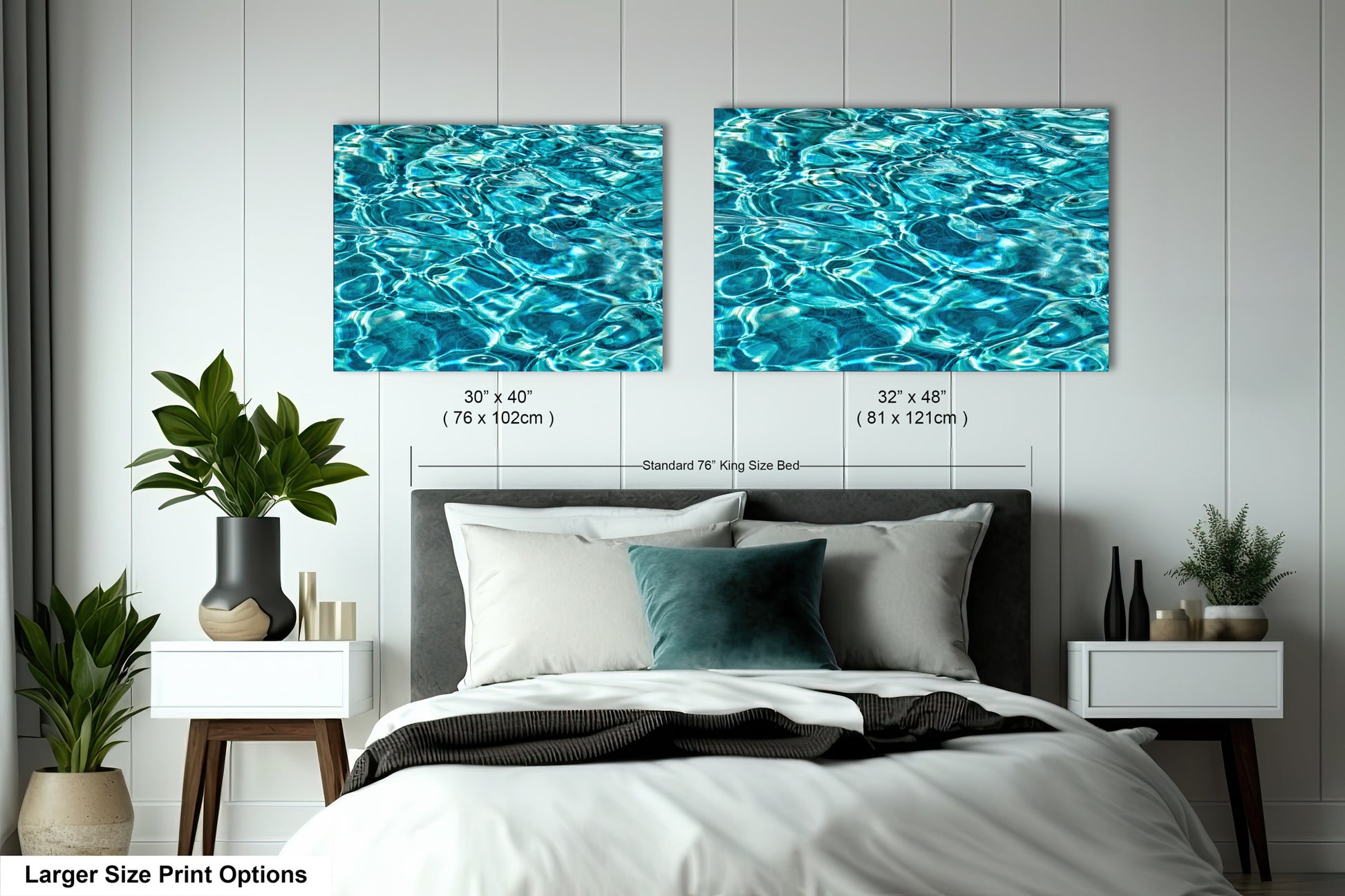 a bedroom with a bed, nightstands, and a large painting of water on the wall above the bed.