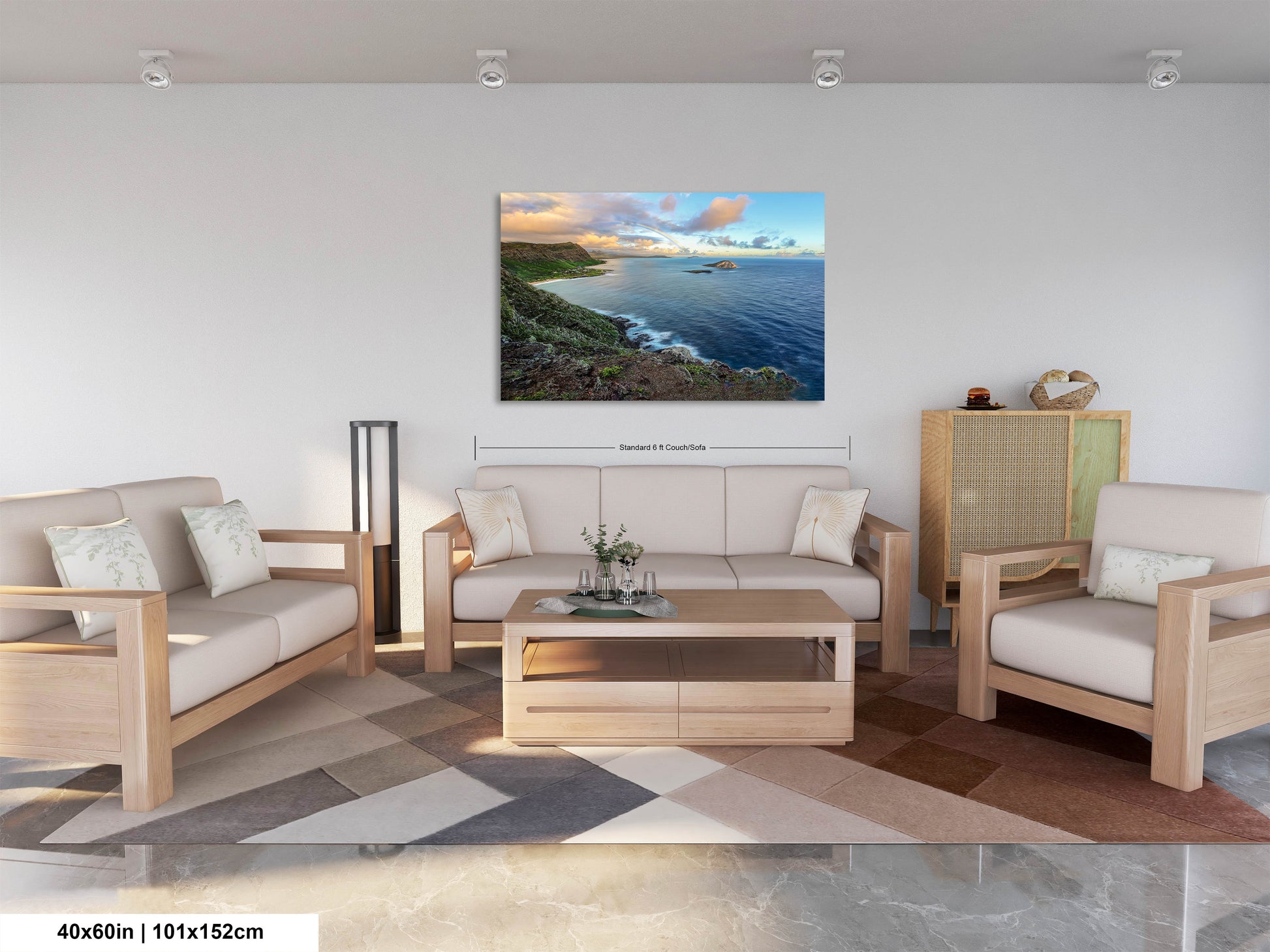a living room filled with furniture and a painting on the wall