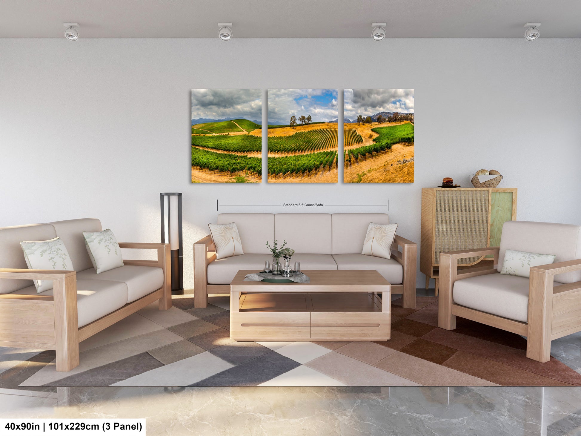 a living room filled with furniture and a painting on the wall