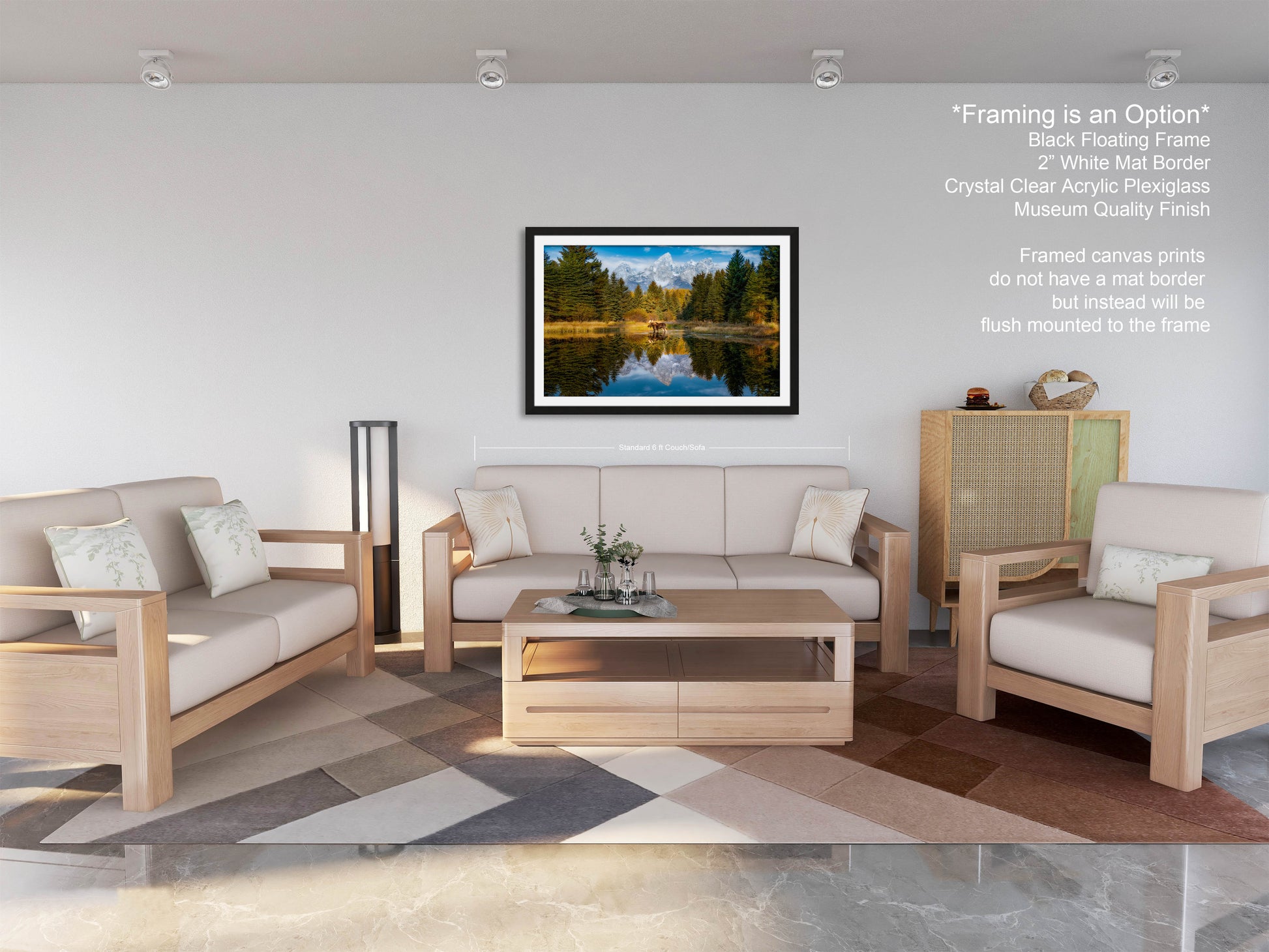 a living room filled with furniture and a painting on the wall