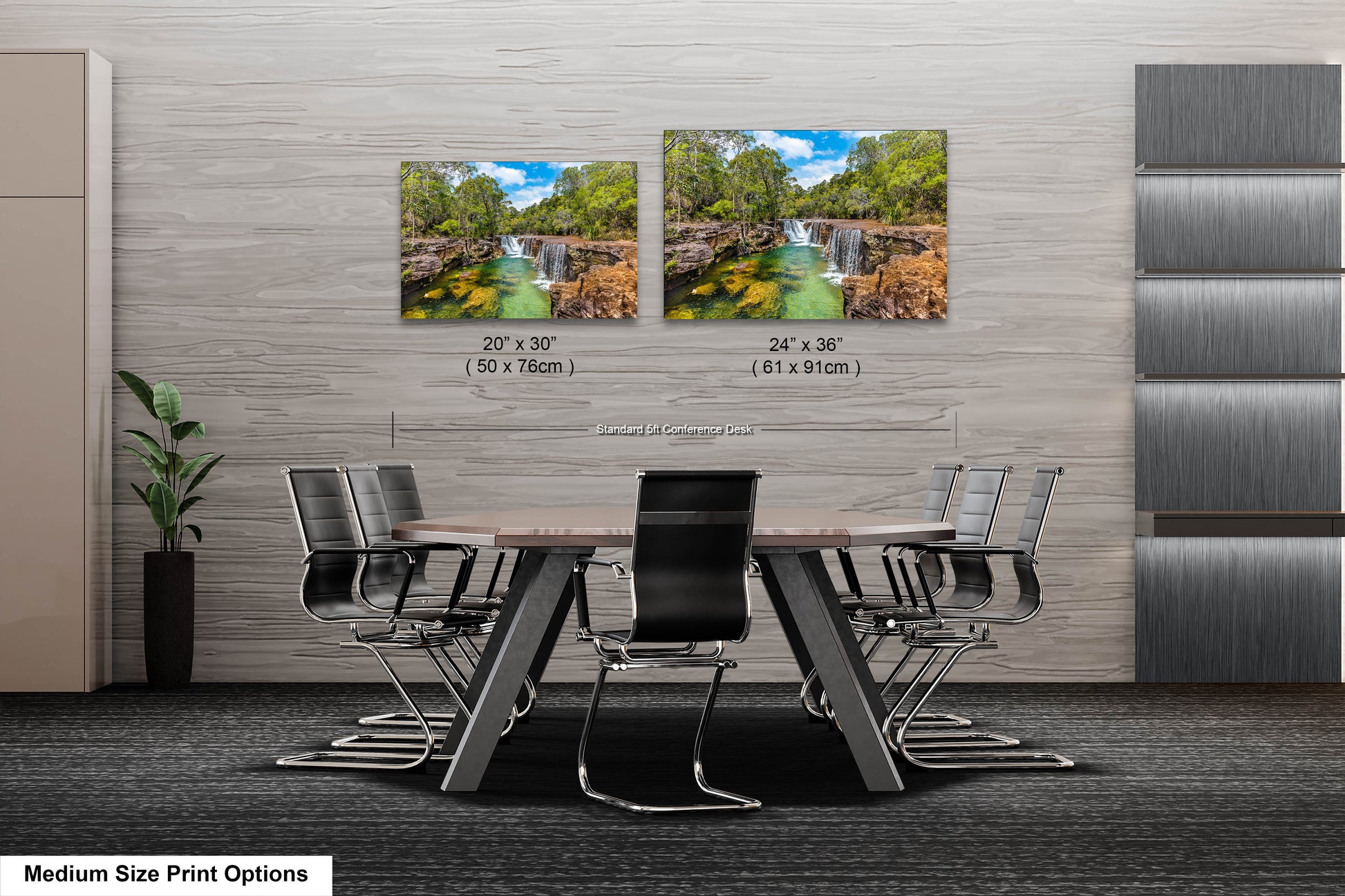 a dining room table with chairs and a picture of a waterfall
