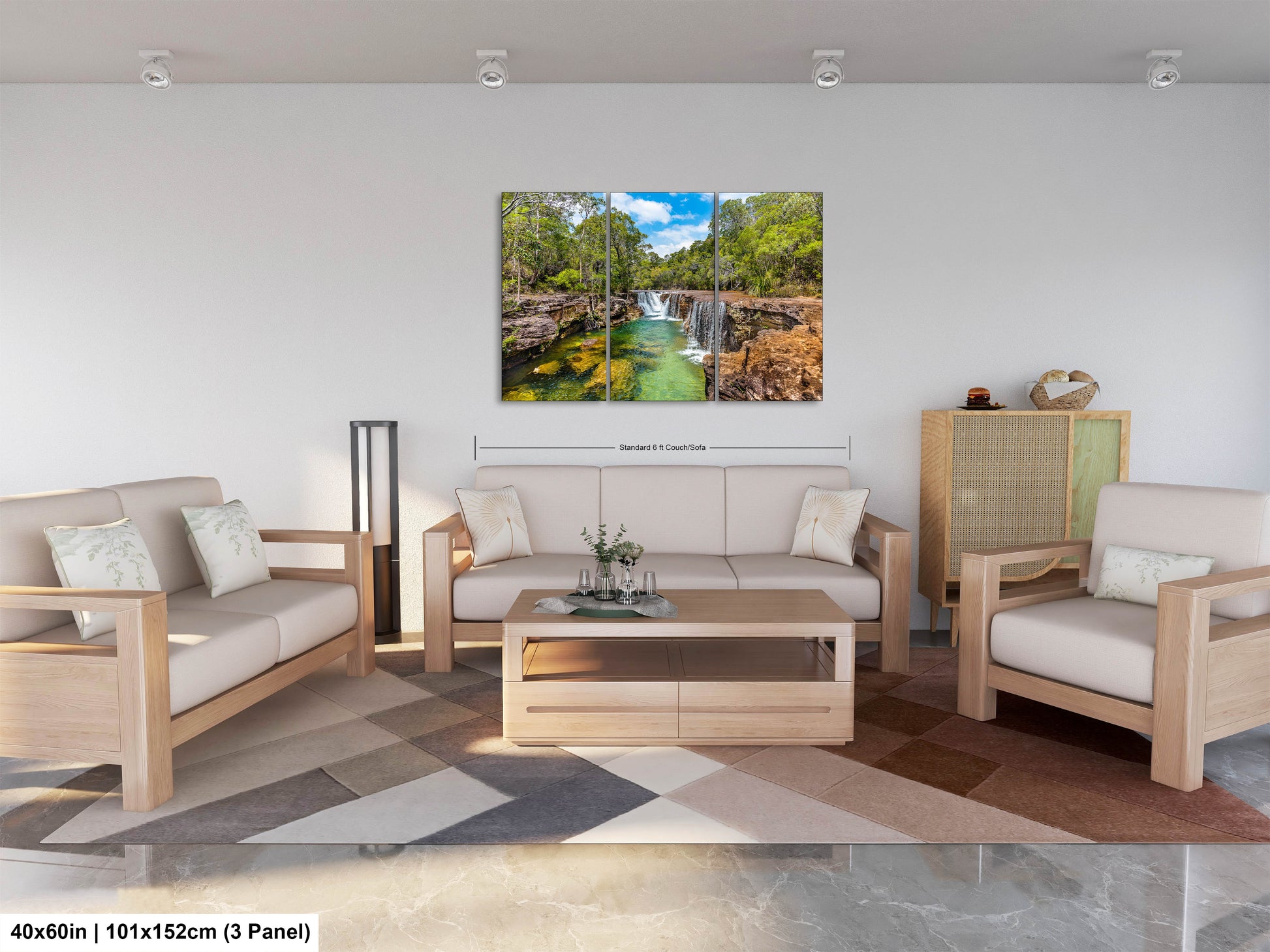 a living room filled with furniture and a painting on the wall