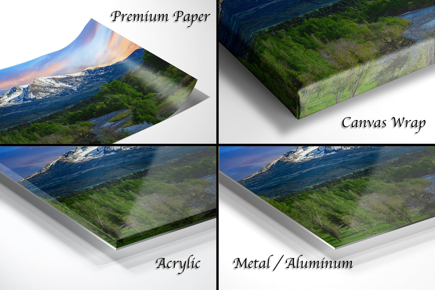 a series of four photos of a mountain range