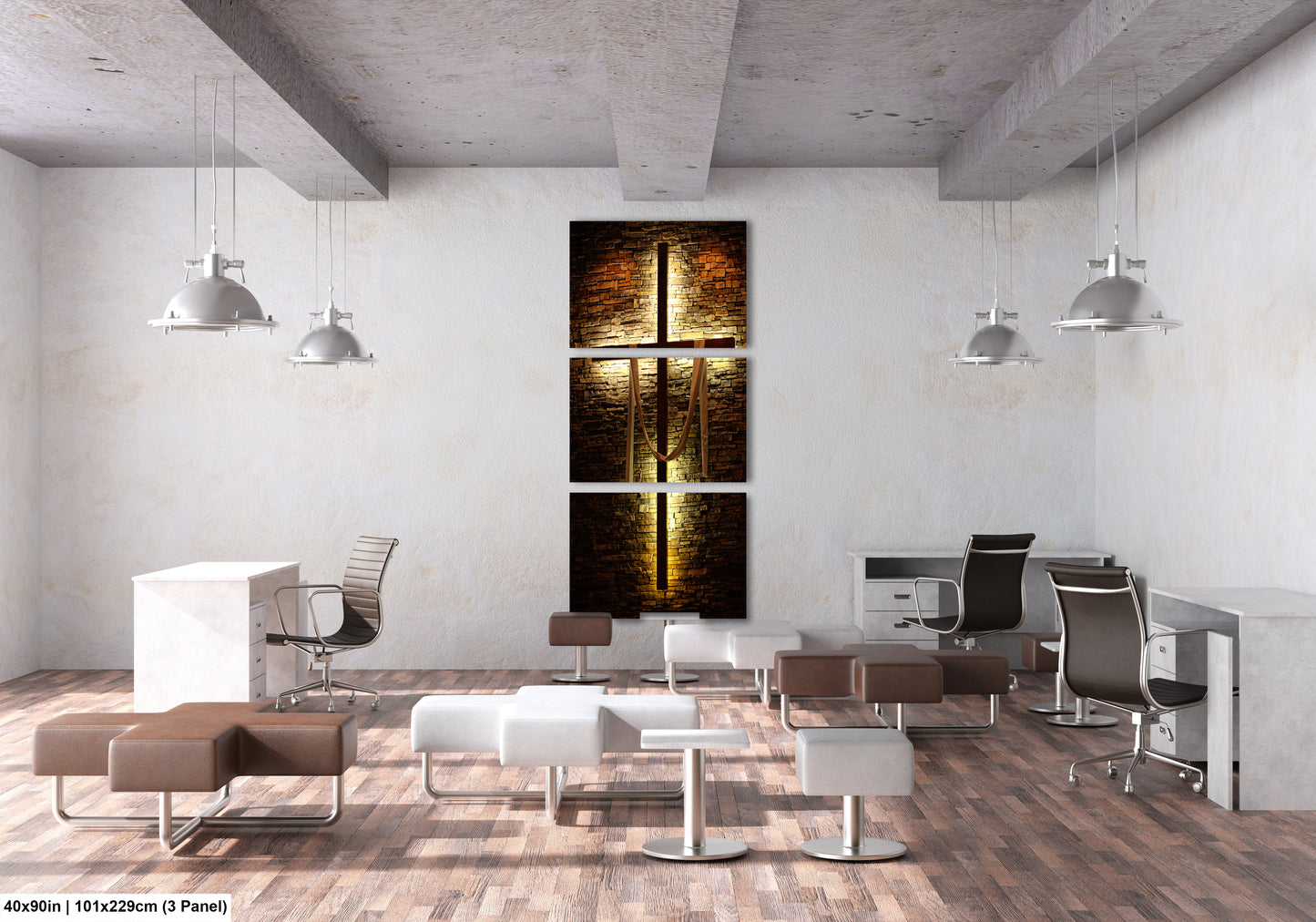 a room with a lot of chairs and a painting on the wall