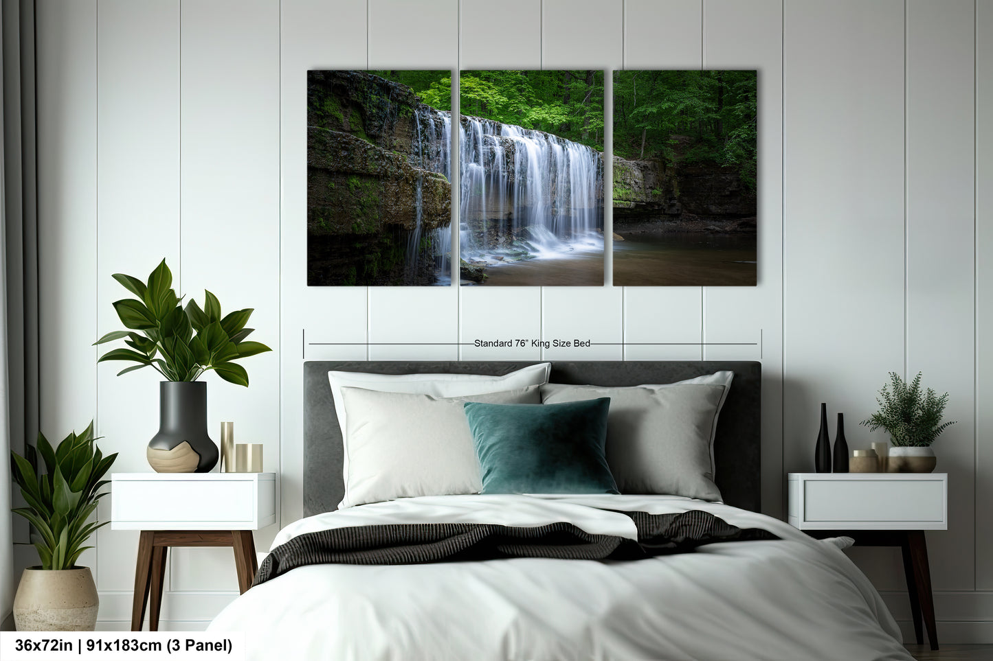 a bedroom scene with focus on the bed and the waterfall
