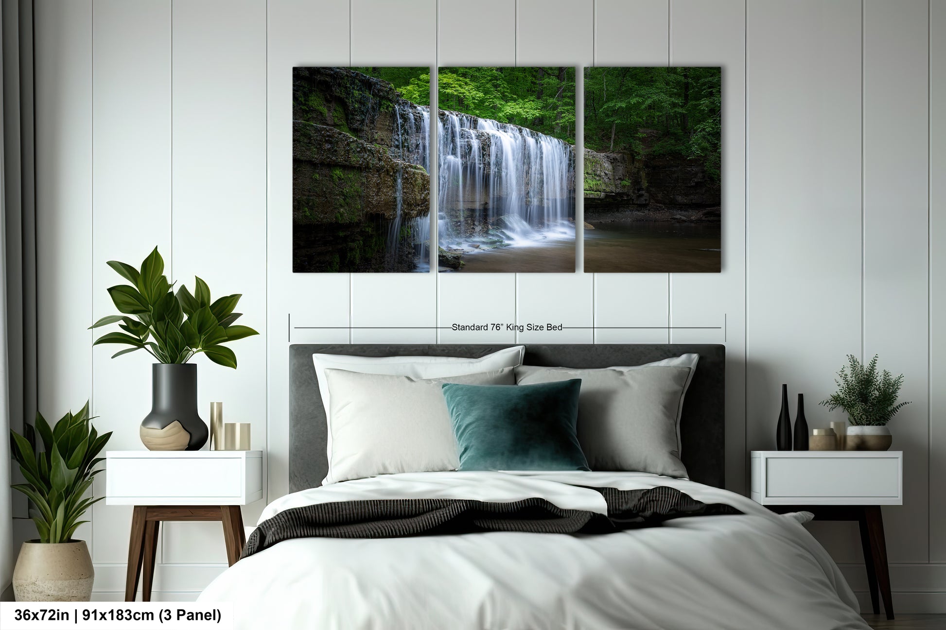 a bedroom scene with focus on the bed and the waterfall