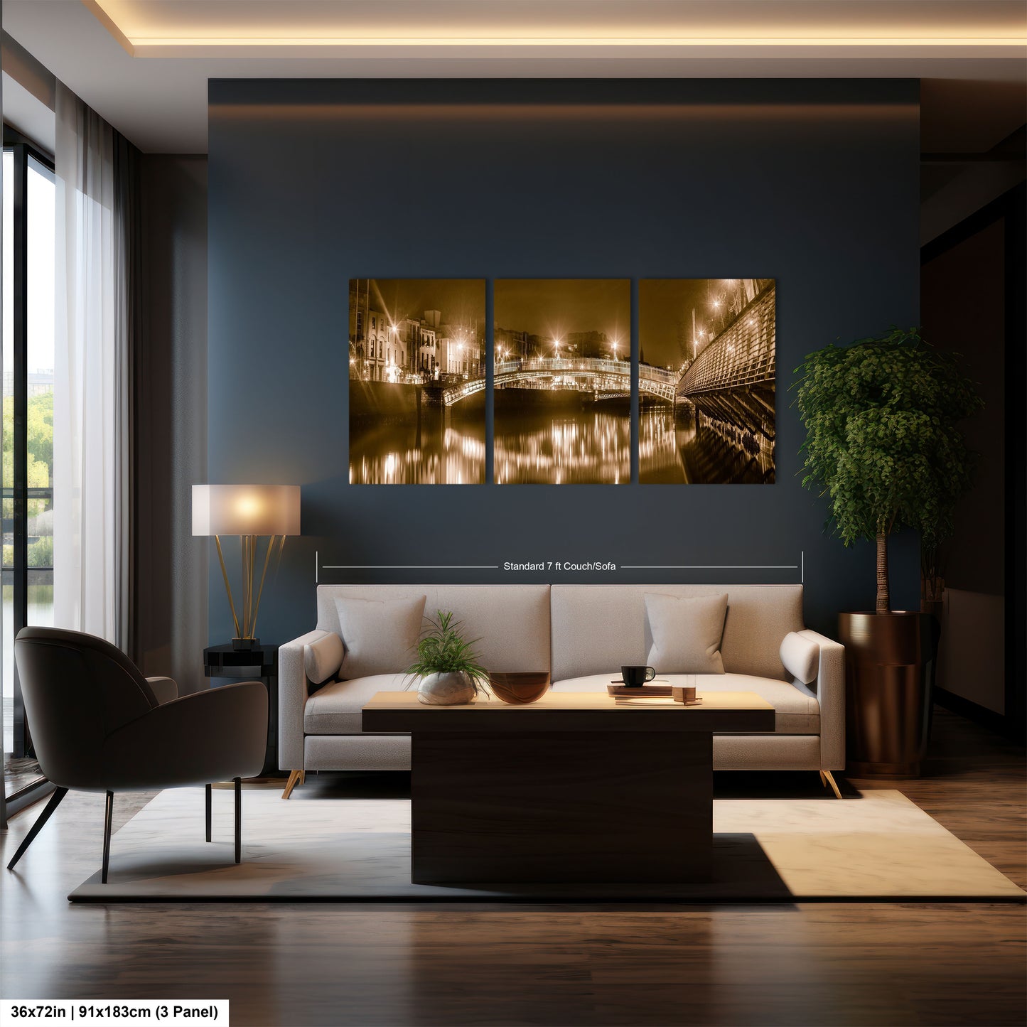 a living room with a couch a table and a painting on the wall