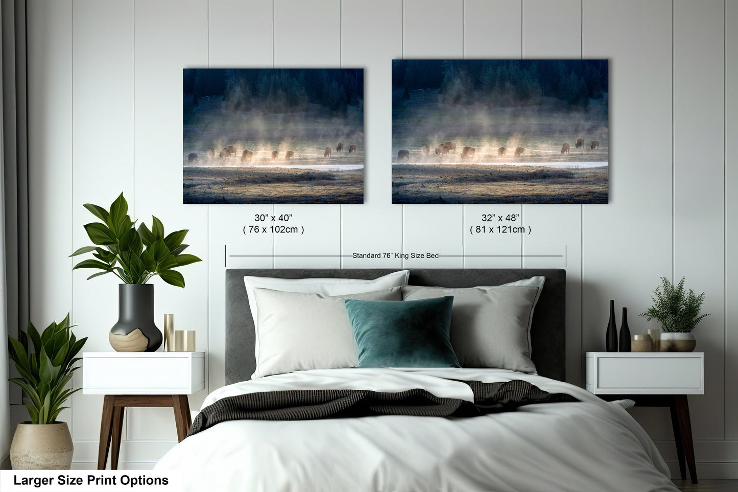 a bedroom with a bed and two pictures on the wall