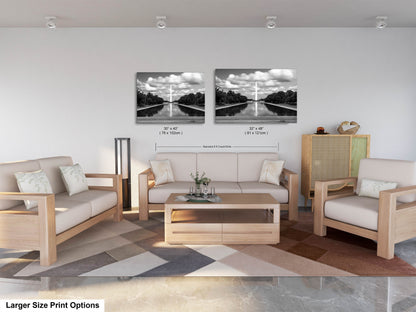 a living room with two pictures on the wall