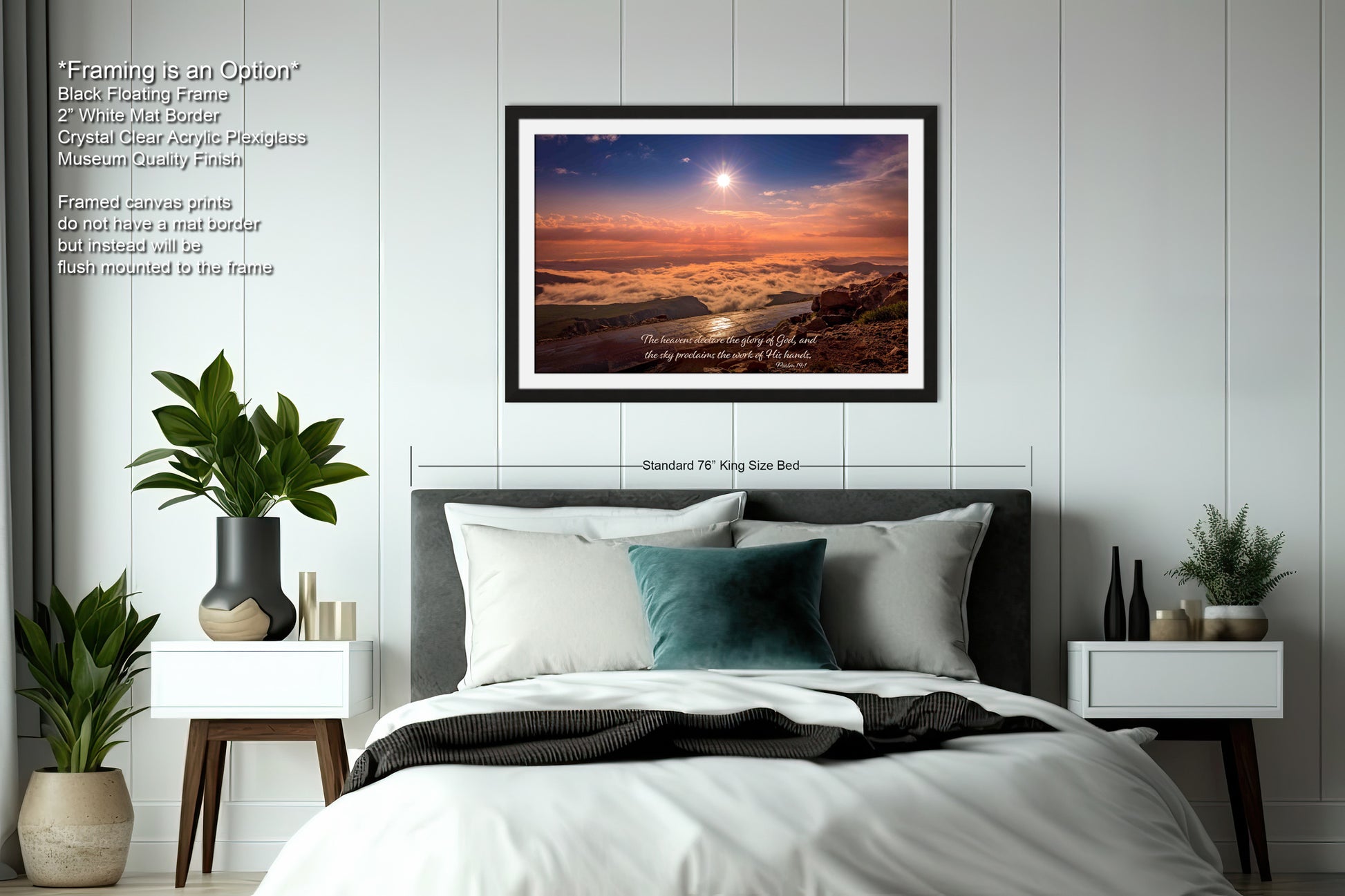 a bedroom with a bed and a picture on the wall